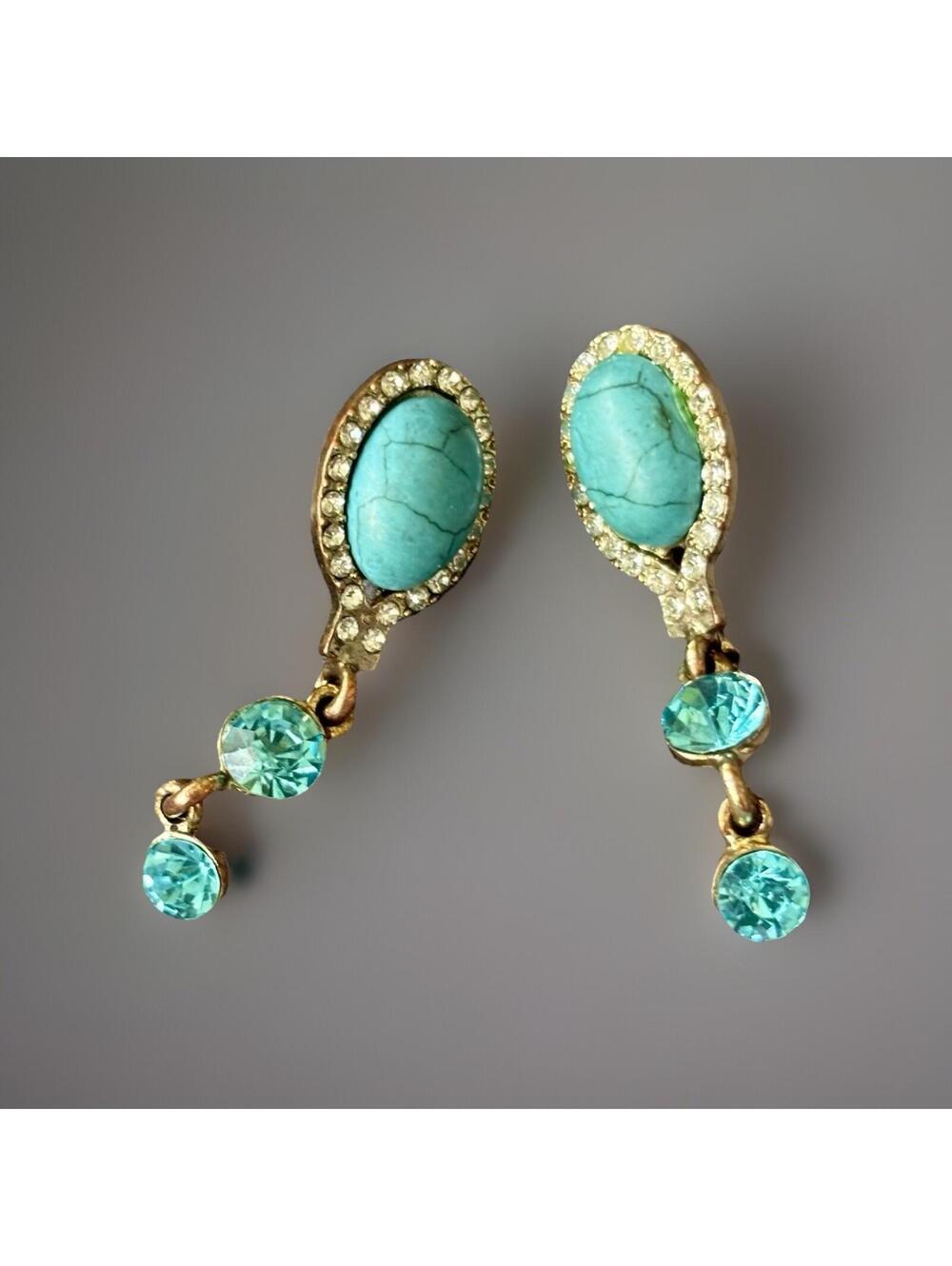 Beautiful Women’s Drop Earrings In Turquoise Stoned Blue And Clear Rhinestones￼
